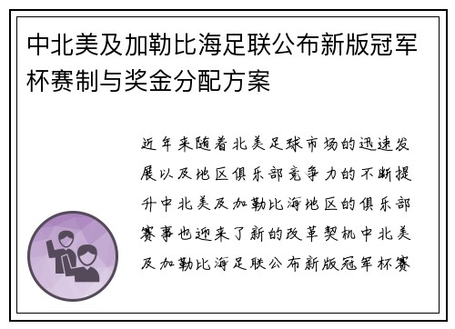 中北美及加勒比海足联公布新版冠军杯赛制与奖金分配方案 中北美及加勒比海足联公布新版冠军杯赛制与奖金分配方案