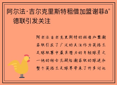阿尔法·吉尔克里斯特租借加盟谢菲尔德联引发关注